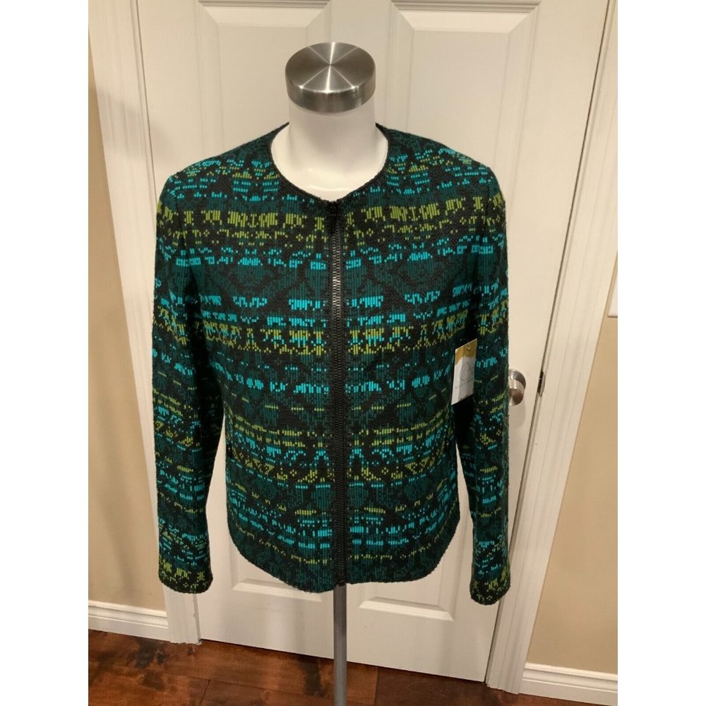 Akris Punto Green & Blue Geometric Embroidered Zip Jacket, Size 10 (US), 42 (FR)